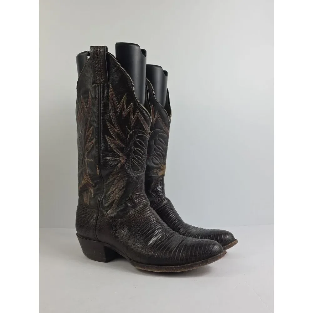 Vintage Sanders Boot Lizzard Brown Leather Men's Cowboy Boots Size 10 1/2